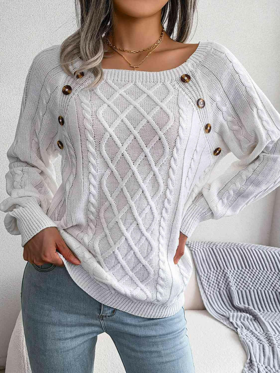 Decorative Button Cable-Knit Sweater.