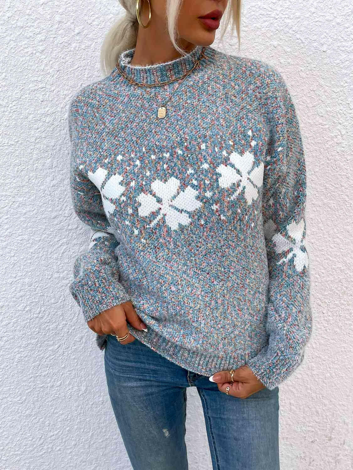 Four Leaf Clover Mock Neck Sweater.