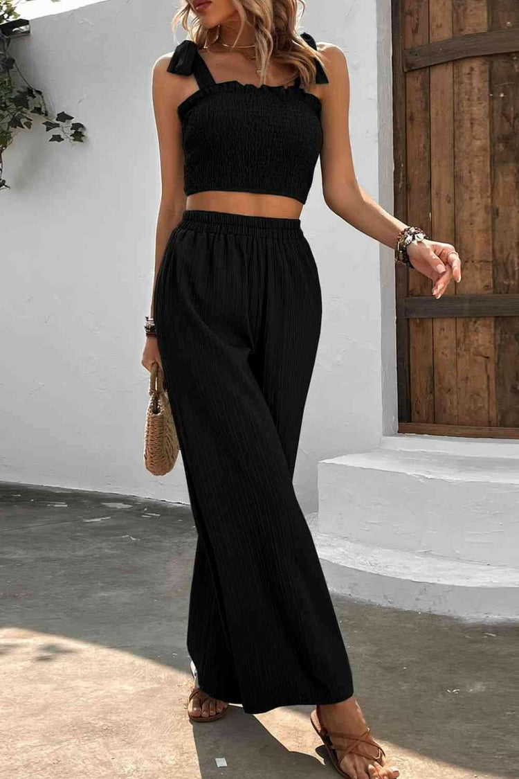 Tie Shoulder Smocked Crop Top and Wide Leg Pants Set.