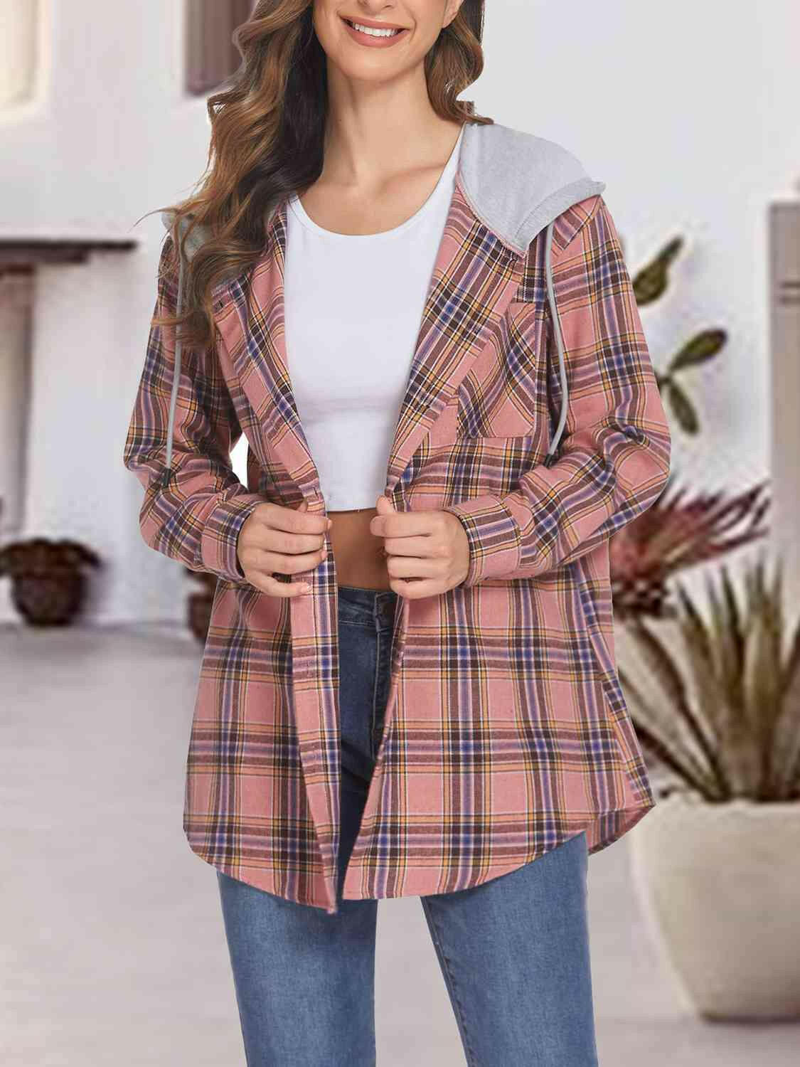 Plaid Drawstring Button Up Hooded Jacket.