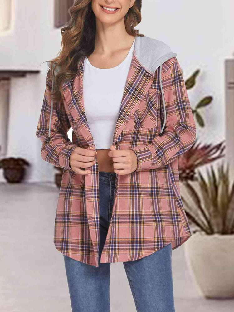 Plaid Drawstring Button Up Hooded Jacket.