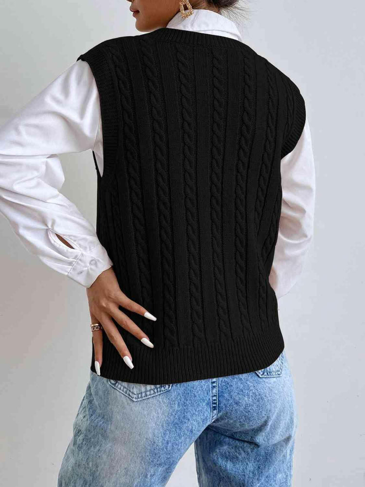 Cable-Knit V-Neck Sleeveless Sweater Vest.