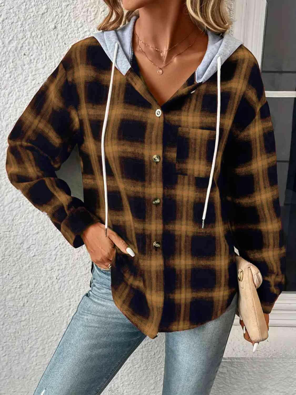 Plaid Drawstring Button Up Hooded Jacket.