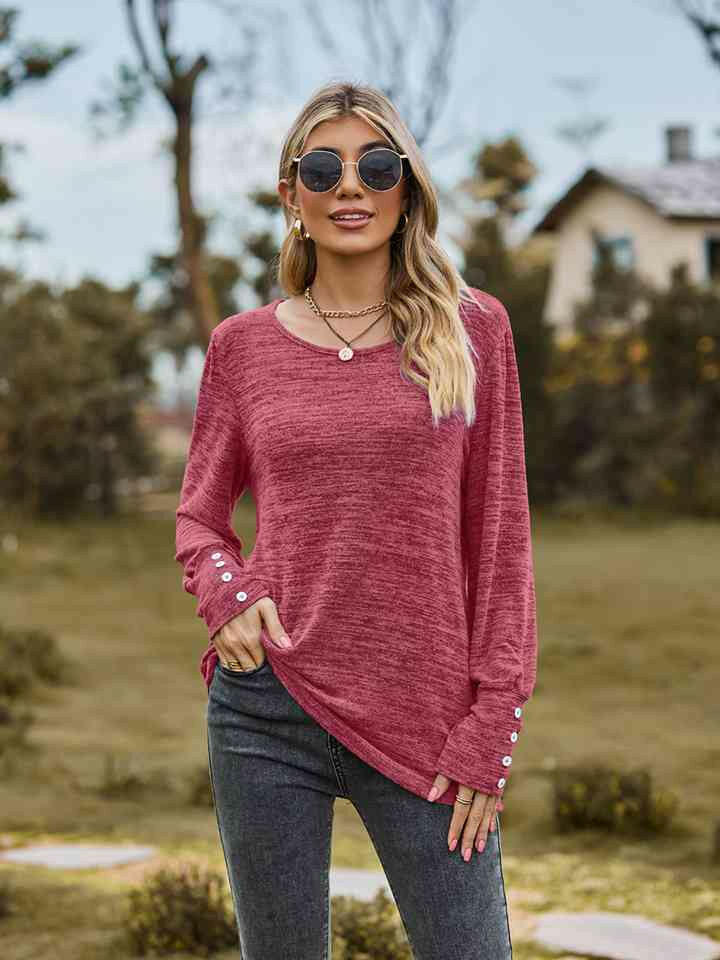 Round Neck Long Sleeve Buttoned T-Shirt.