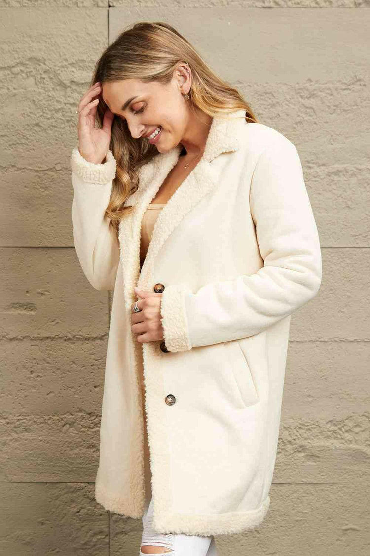 Double Take Lapel Collar Teddy Lining Longline Coat.