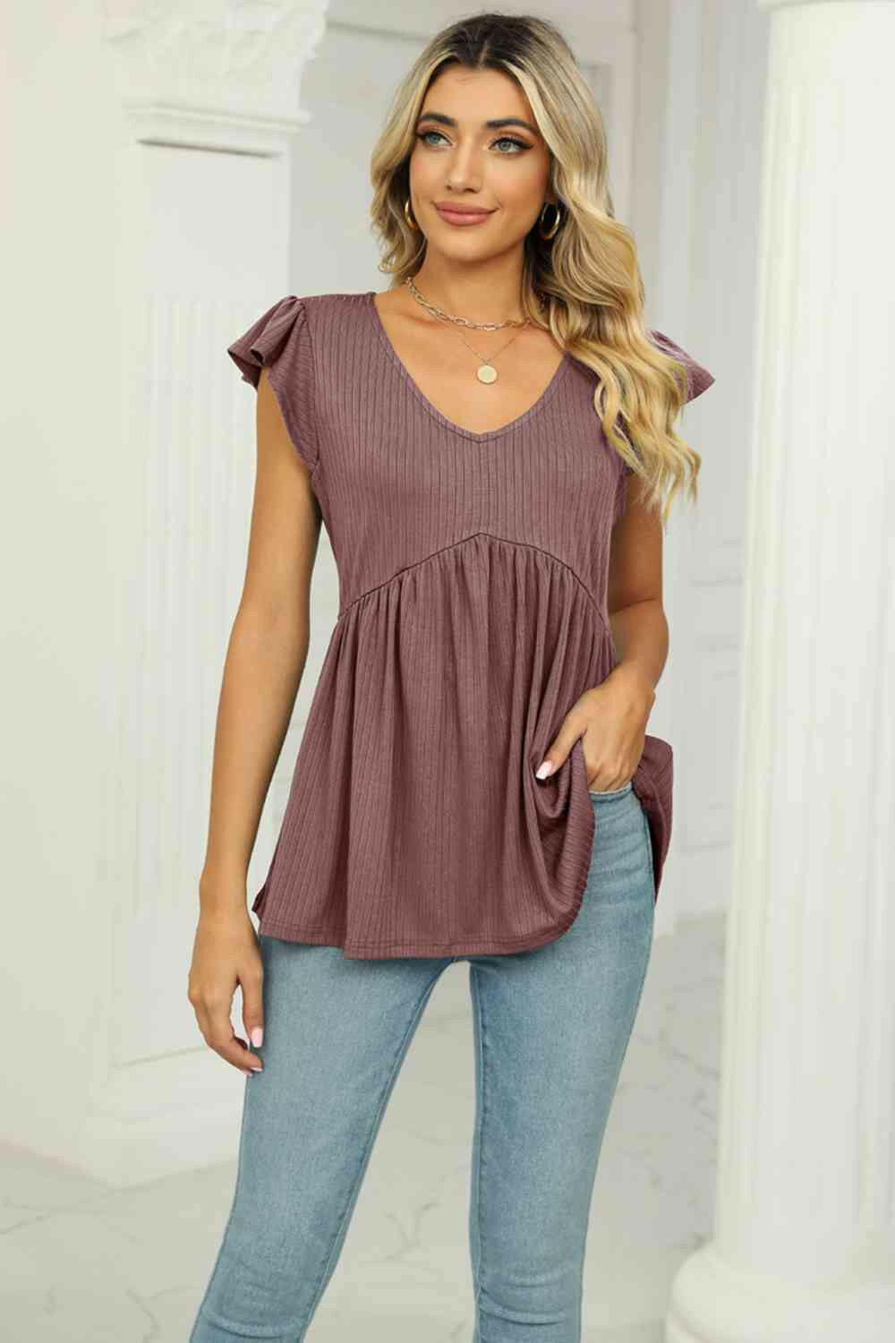 V-Neck Flutter Sleeve Babydoll Blouse.