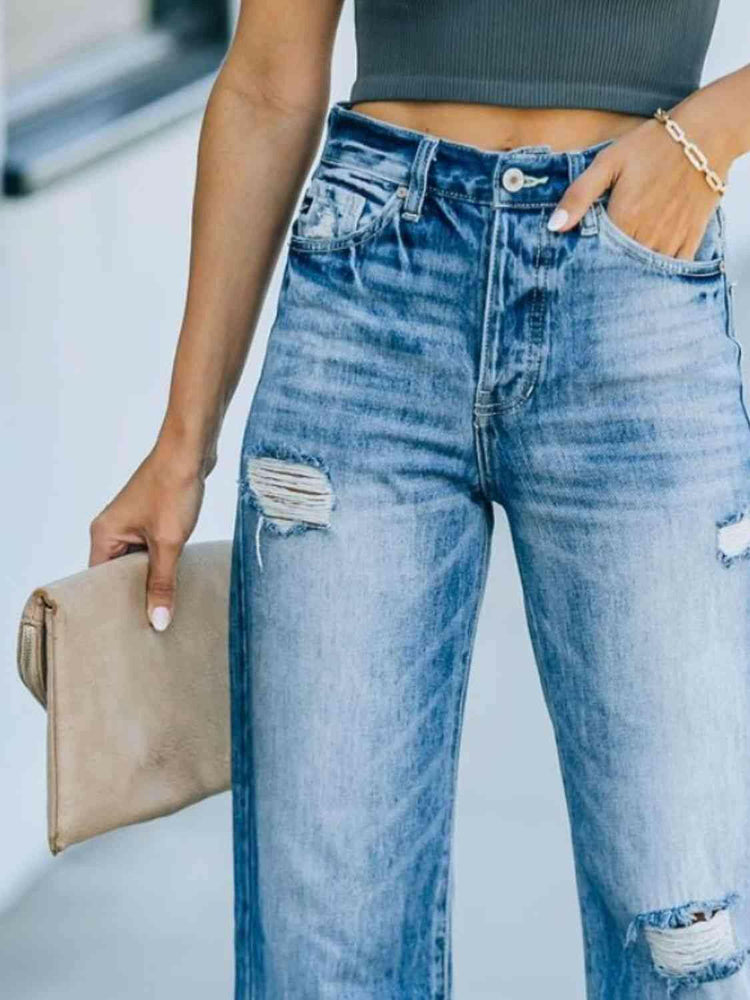 Distressed Straight Leg Jeans.