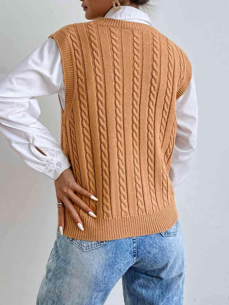 Cable-Knit V-Neck Sleeveless Sweater Vest.