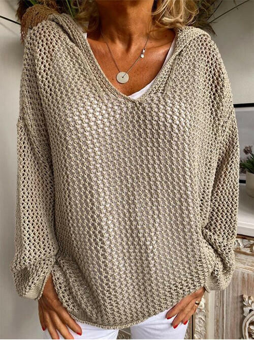 Openwork Hooded Long Sleeve Sweater.