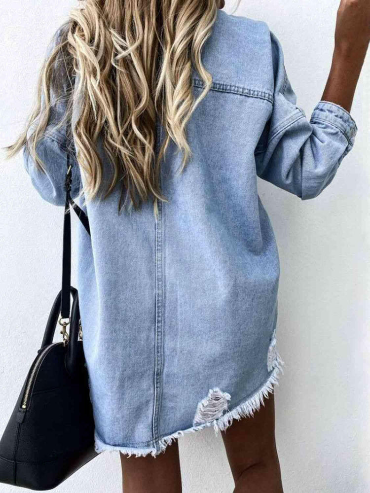 Raw Hem Collared Neck Long Sleeve Denim Jacket.