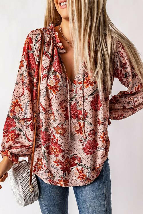 Floral Tie Neck Flounce Sleeve Blouse.