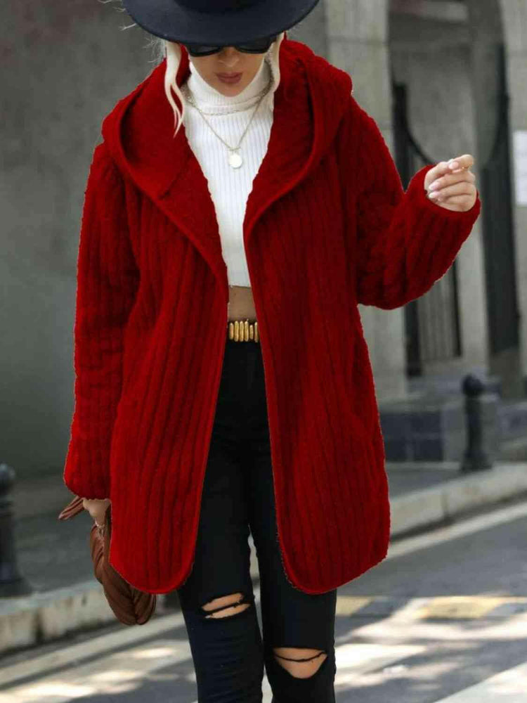 Open Front Ribbed Hooded Coat.