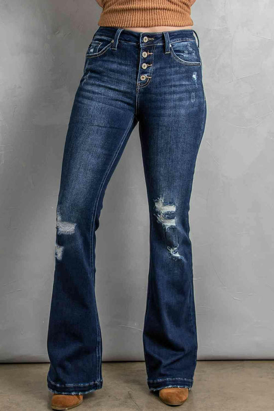 Button Fly Distressed Bootcut Jeans.