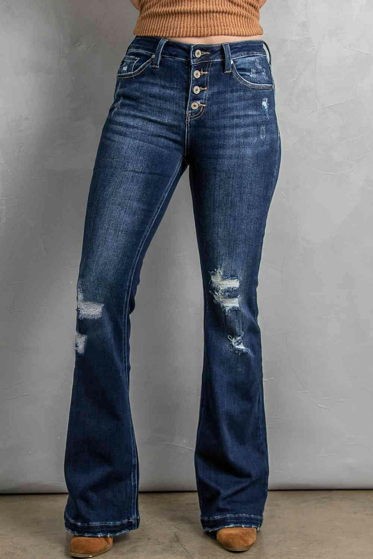 Button Fly Distressed Bootcut Jeans.