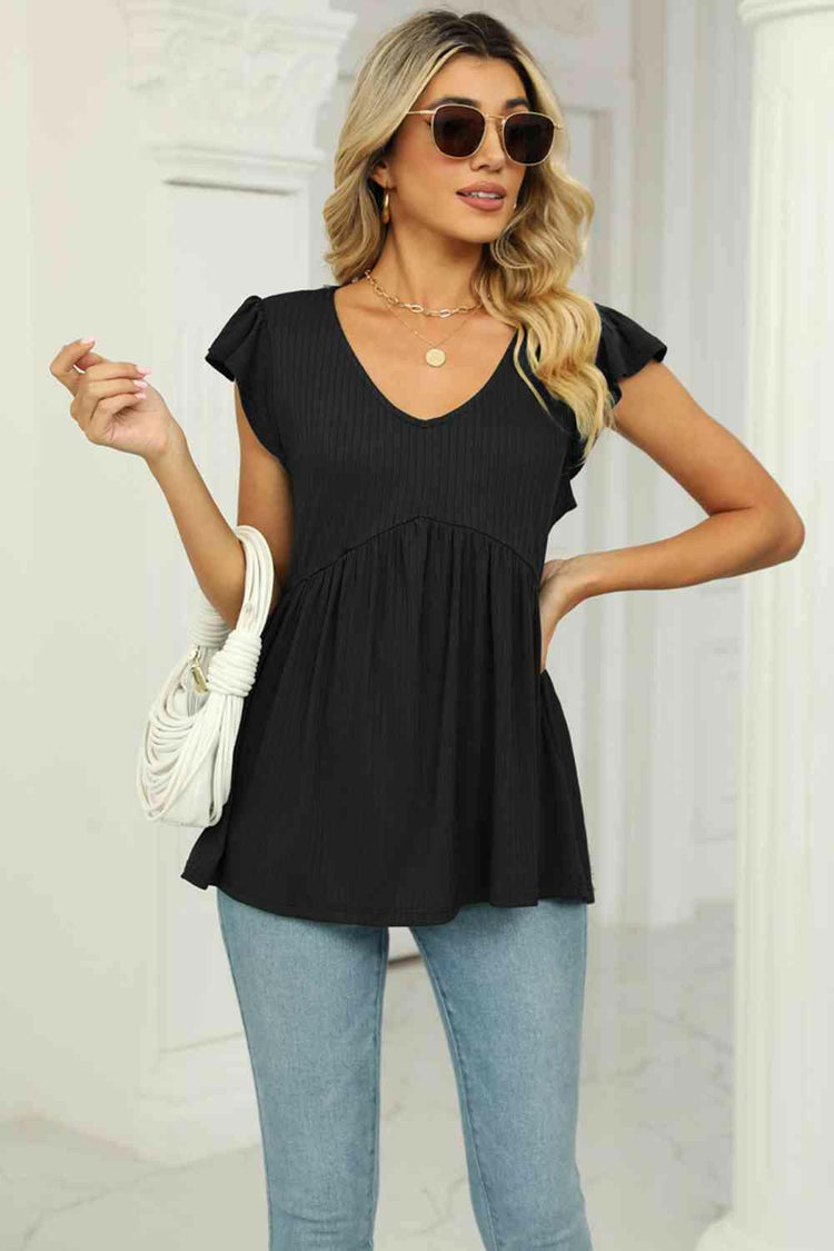 V-Neck Flutter Sleeve Babydoll Blouse.