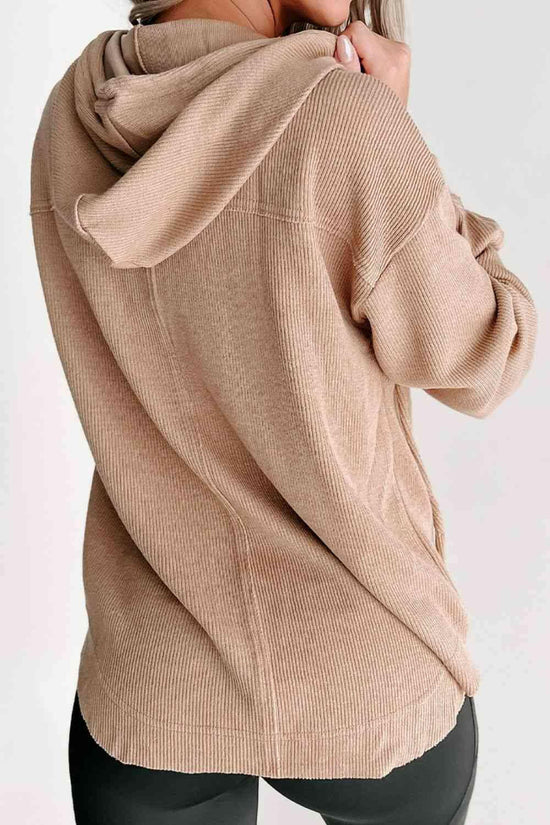 Buttoned Drop Shoulder Drawstring Hoodie.