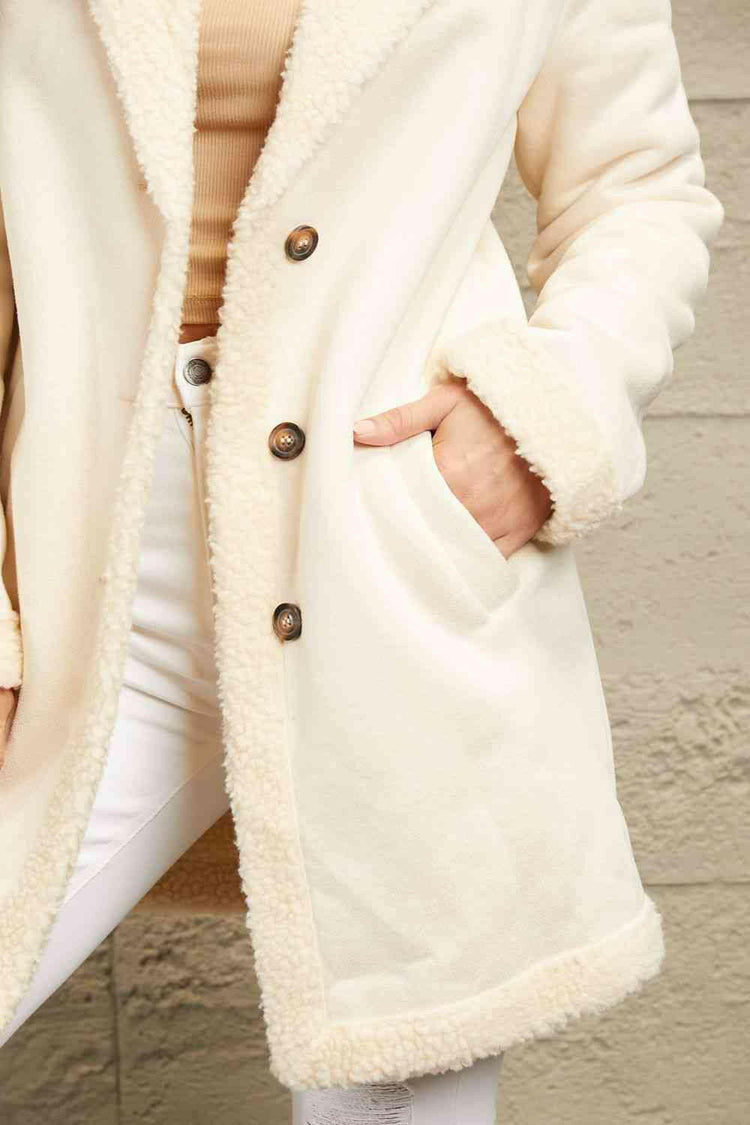 Double Take Lapel Collar Teddy Lining Longline Coat.