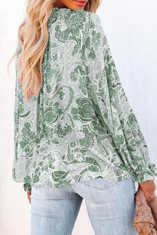 Floral Tie Neck Flounce Sleeve Blouse.