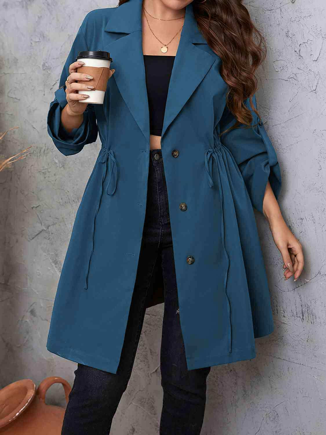 Lapel Collar Drawstring Roll-Tab Sleeve Trench Coat.