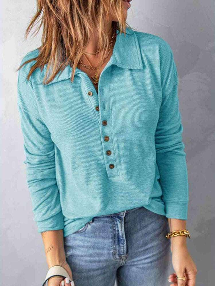 Collared Neck Half Button Top.