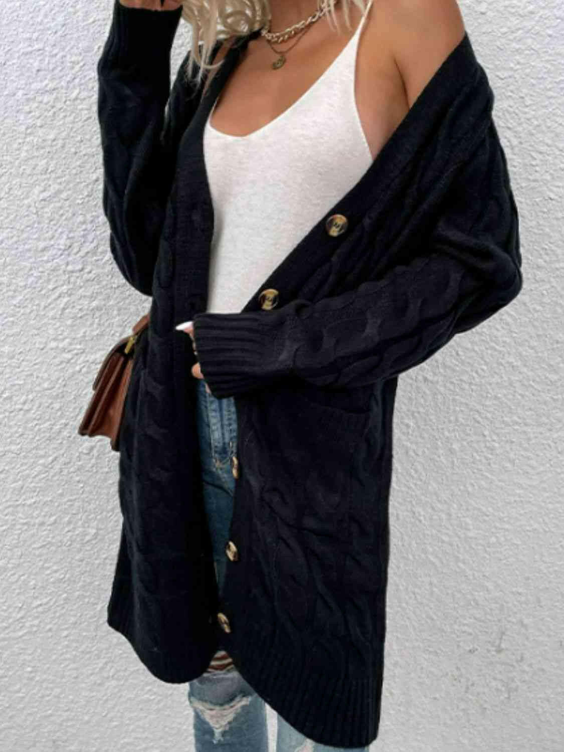 Cable-Knit Button Down Cardigan with Pockets.