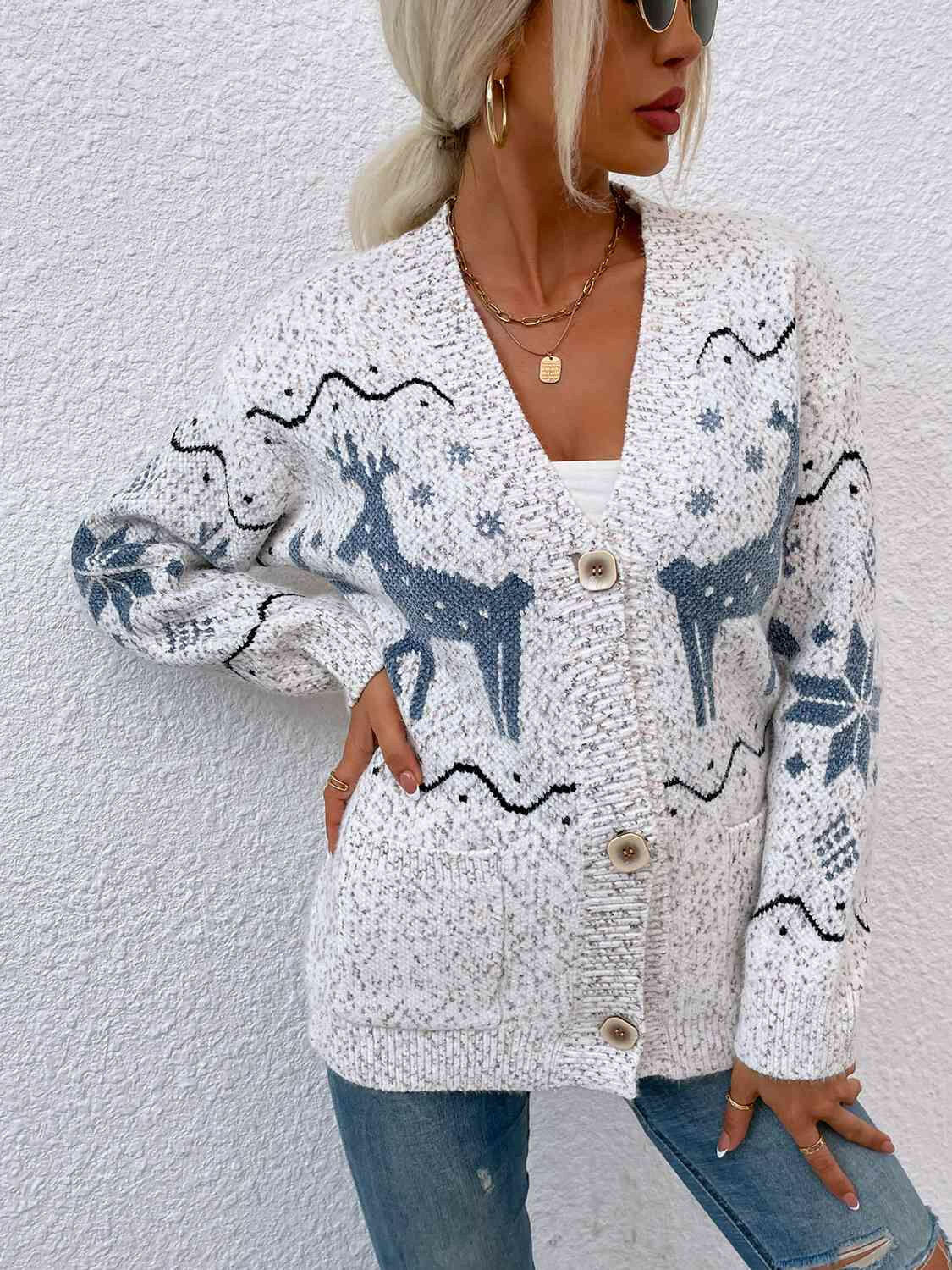 Reindeer Button Down Cardigan with Pockets.