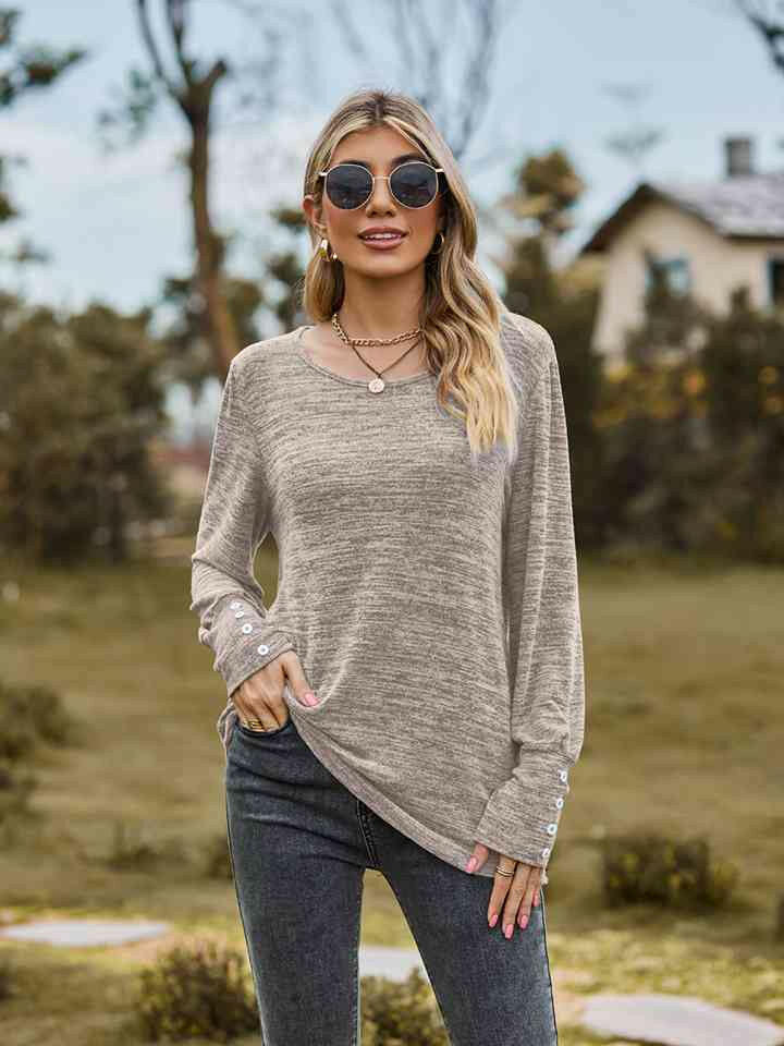 Round Neck Long Sleeve Buttoned T-Shirt.