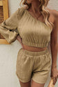 One-Shoulder Balloon Sleeve Crop Top and Shorts Set.