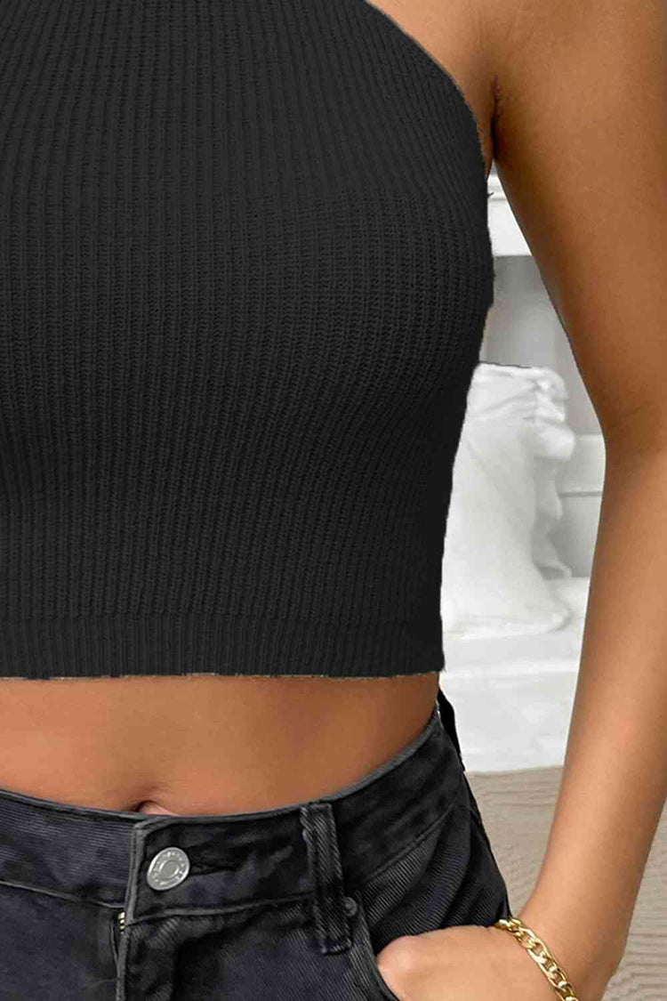 Halter Neck Ribbed Cropped Knit Top.