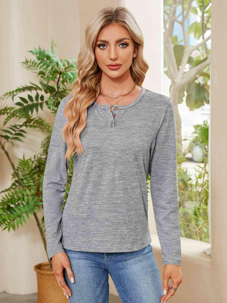 Buttoned Round Neck  Long Sleeve T-Shirt.