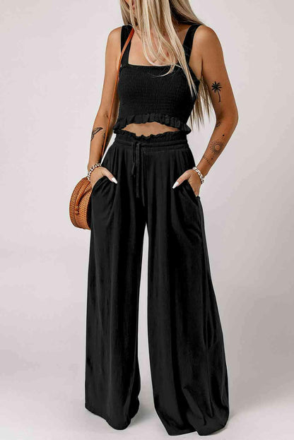 Square Neck Cropped Tank Top and Long Pants Set.