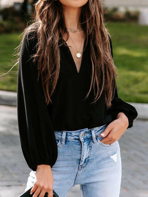 Notched Neck Long Sleeve Blouse.