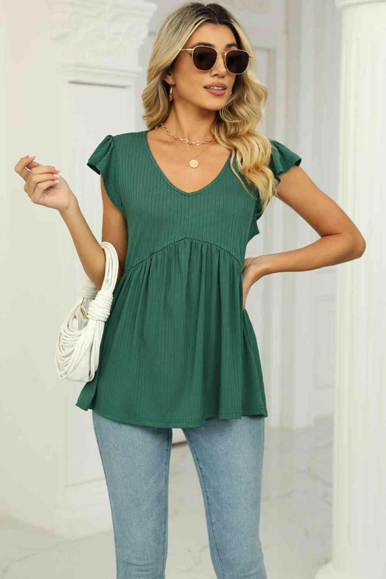 V-Neck Flutter Sleeve Babydoll Blouse.