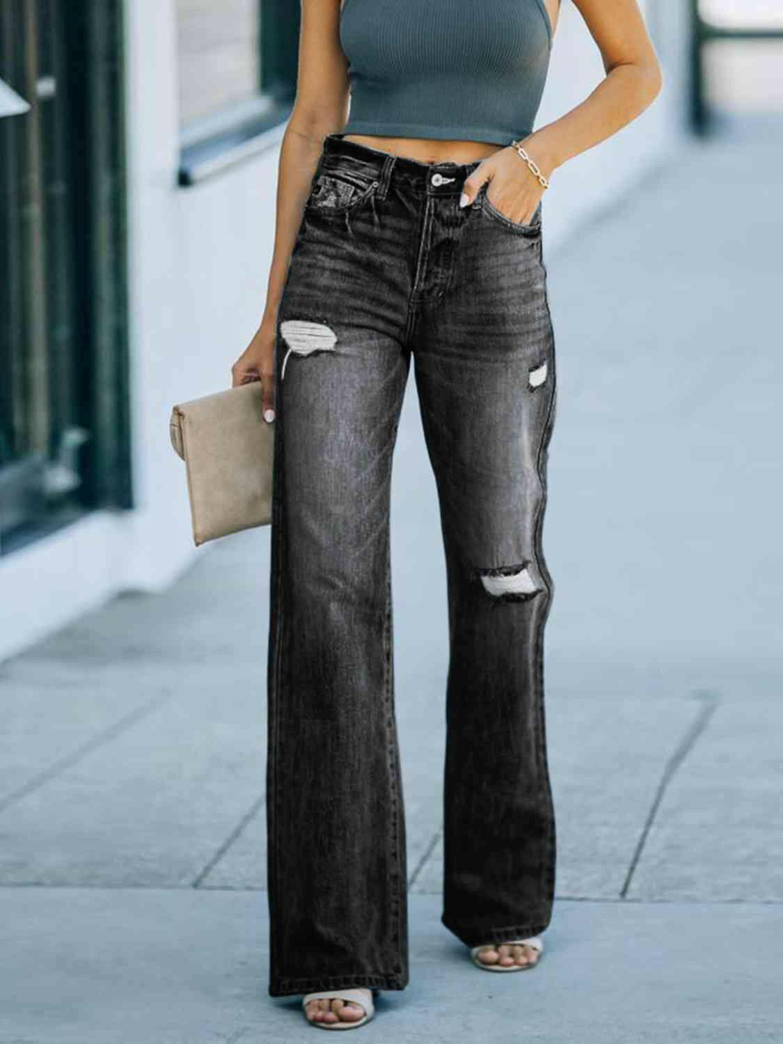 Distressed Straight Leg Jeans.