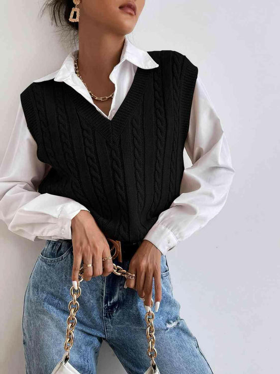 Cable-Knit V-Neck Sleeveless Sweater Vest.