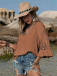 Openwork V-Neck Flounce Sleeve Blouse.