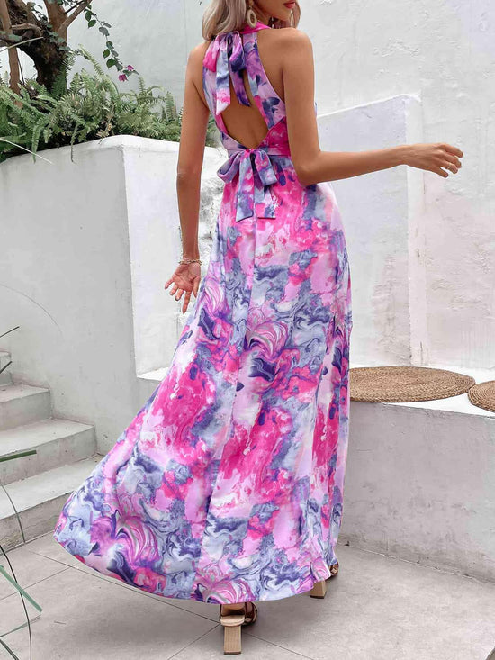 Printed Open Back Slit Sleeveless Dress.