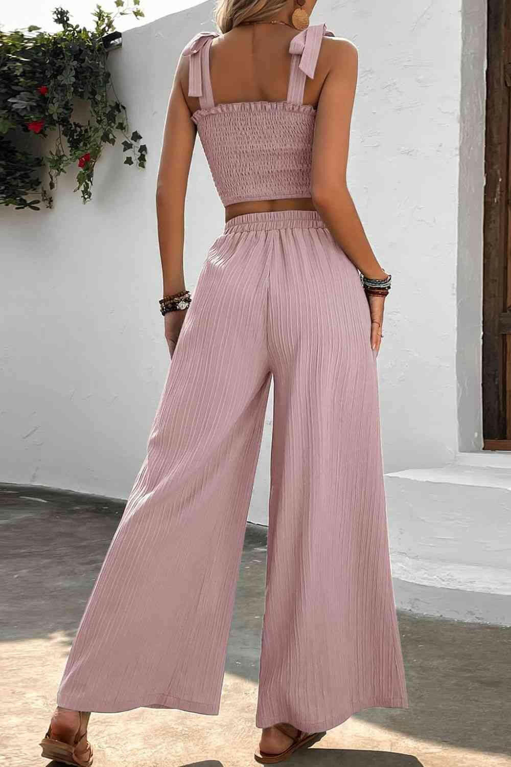 Tie Shoulder Smocked Crop Top and Wide Leg Pants Set.