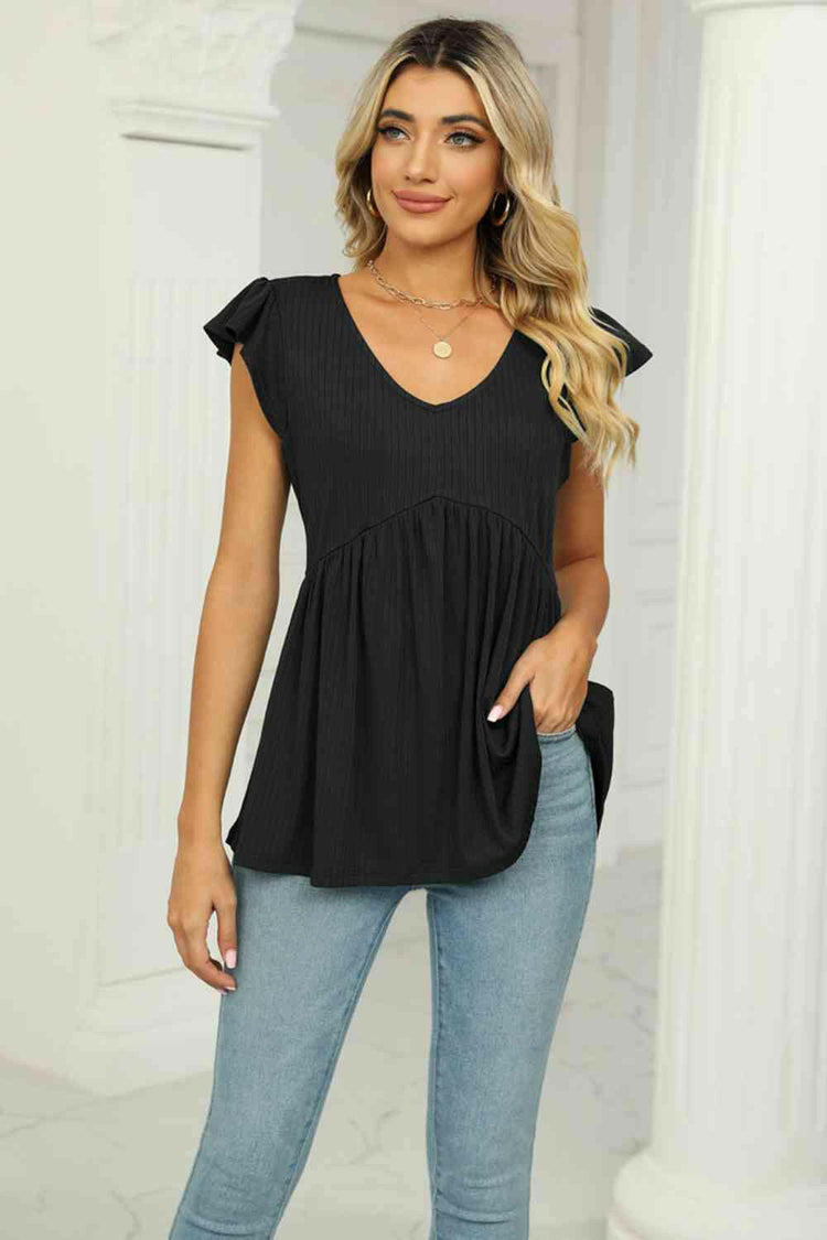 V-Neck Flutter Sleeve Babydoll Blouse.