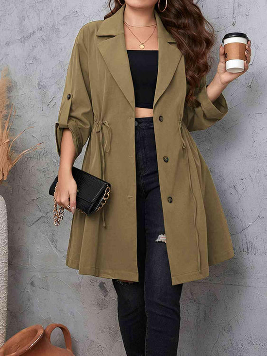 Lapel Collar Drawstring Roll-Tab Sleeve Trench Coat.