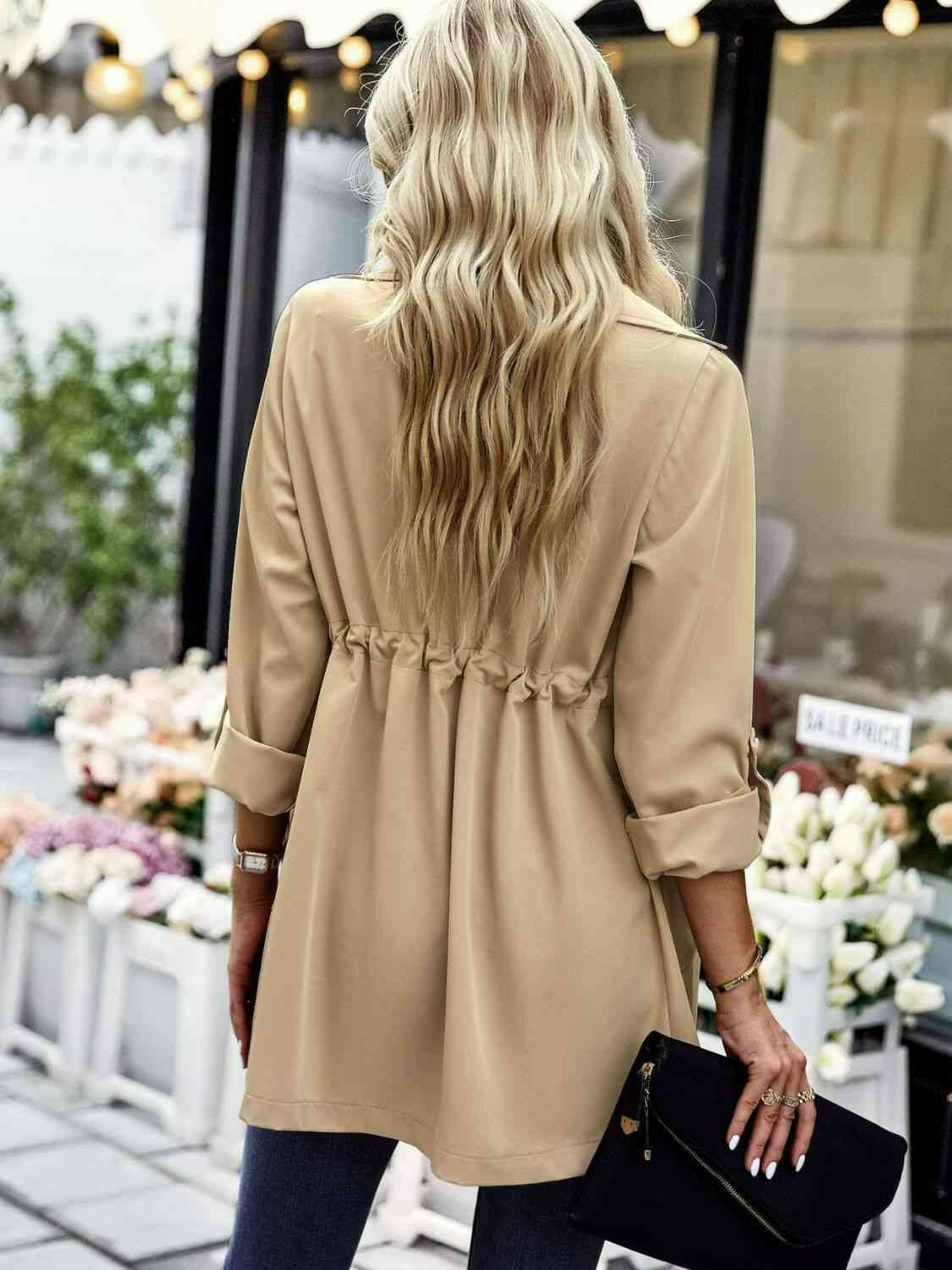 Open Front Drawstring Trench Coat with Pockets.