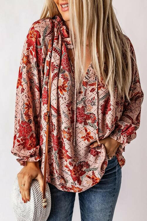 Floral Tie Neck Flounce Sleeve Blouse.