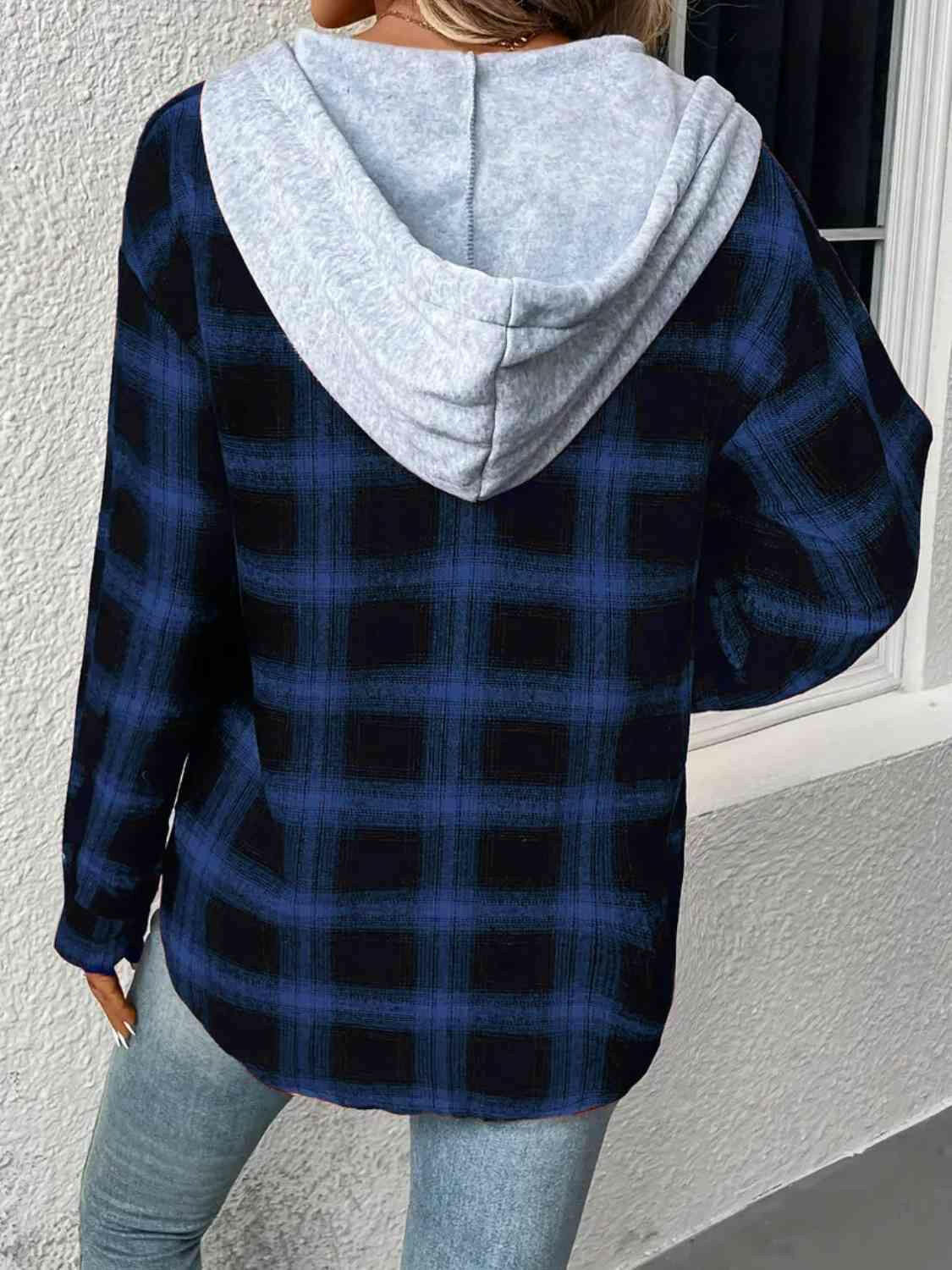 Plaid Drawstring Button Up Hooded Jacket.