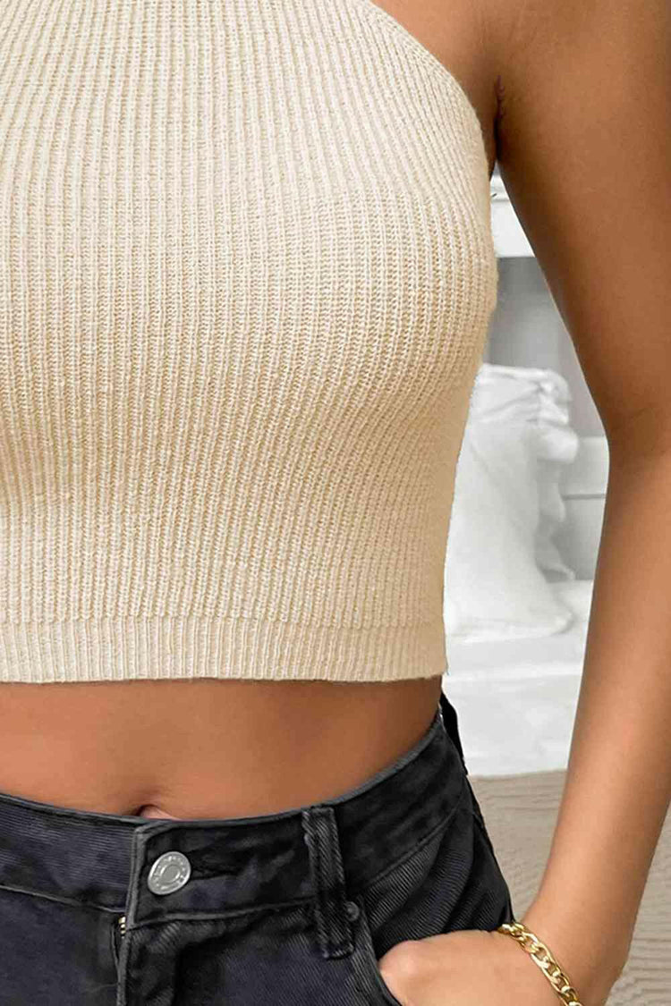 Halter Neck Ribbed Cropped Knit Top.