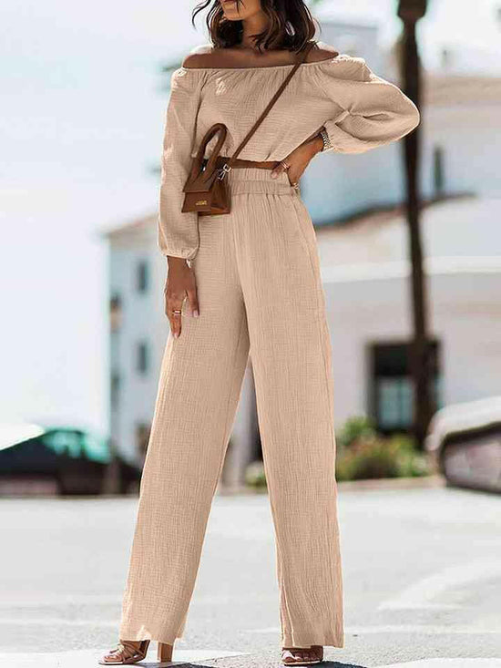 Off Shoulder Long Sleeve Top and Pants Set.