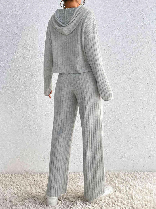 Drawstring Ribbed Hoodie and Straight Leg Pants Set.