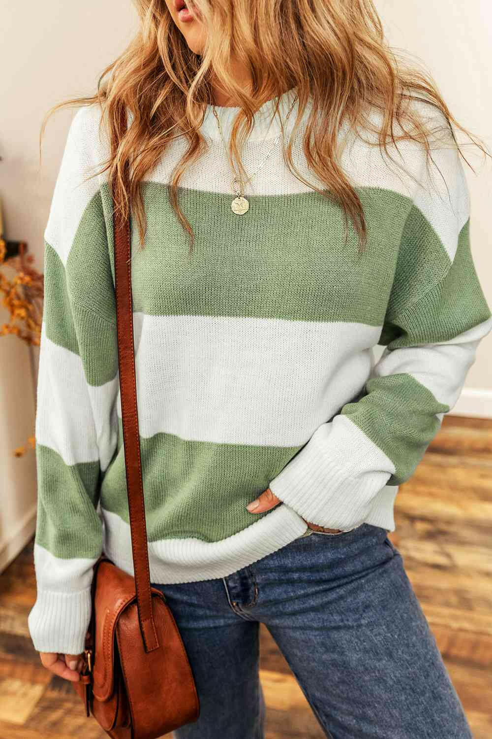 Color Block Round Neck Drop Shoulder Sweater.