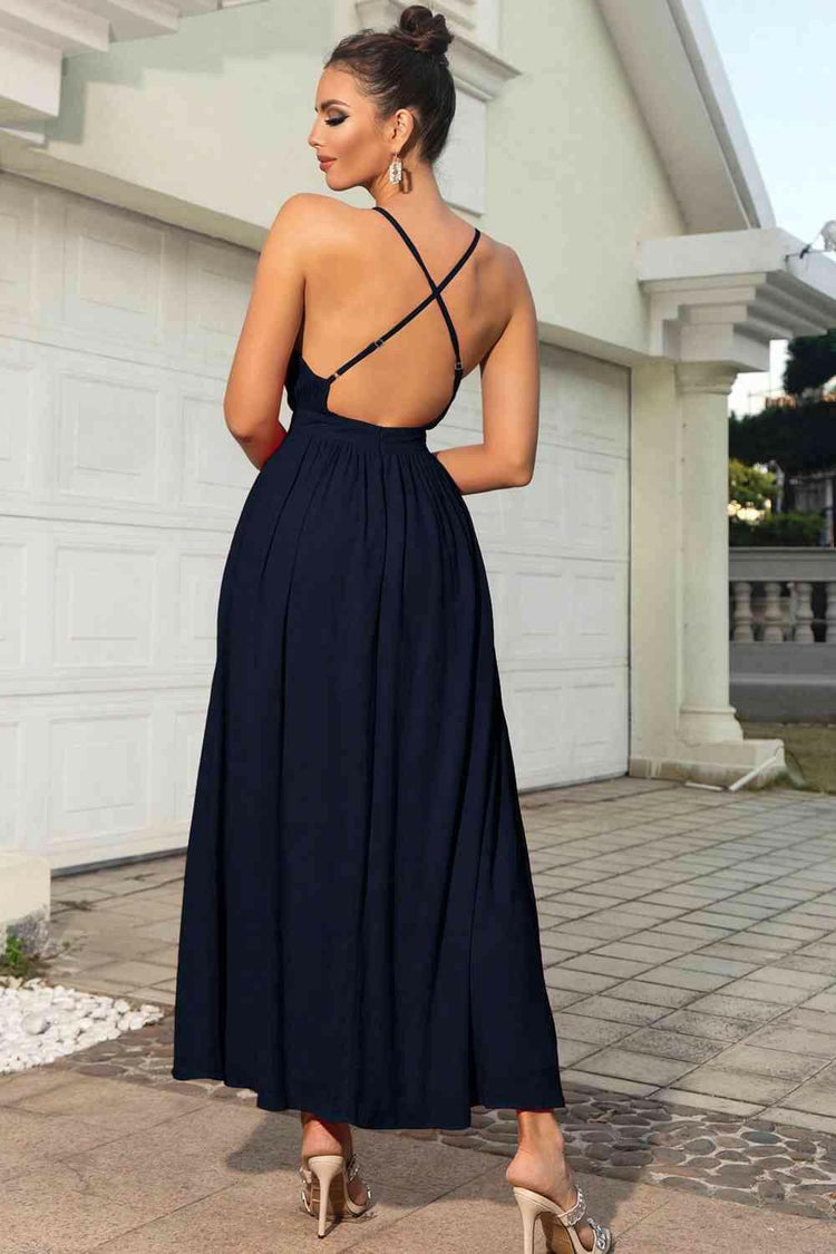 Sleeveless Plunge Neck Slit Maxi Dress.