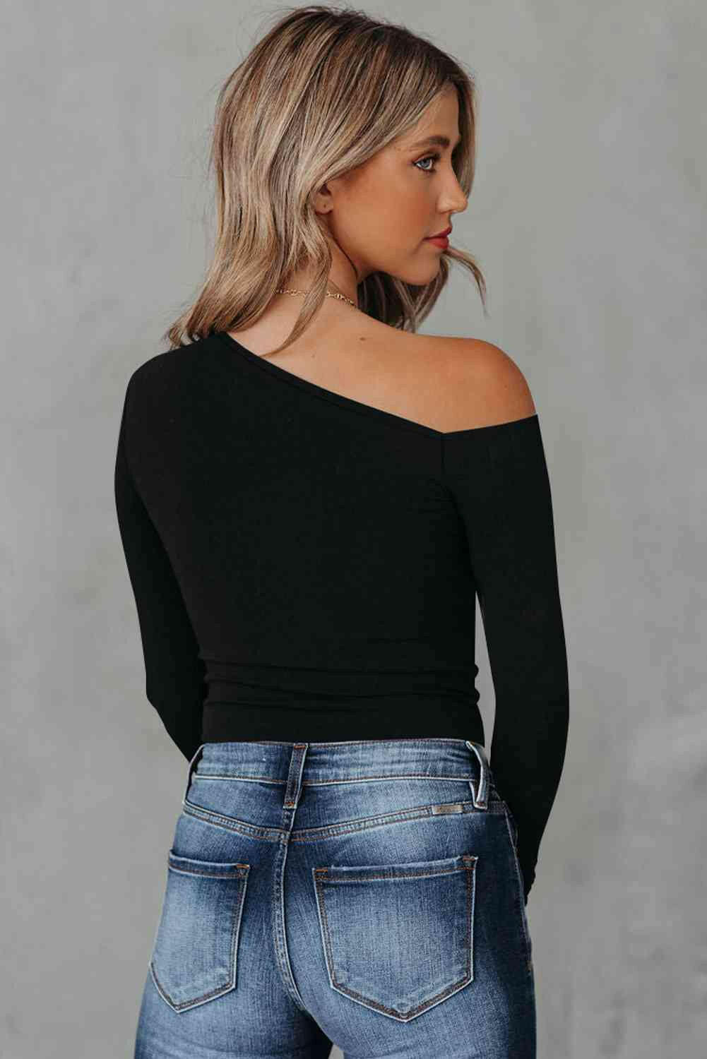 Asymmetrical Neck Long Sleeve Top.