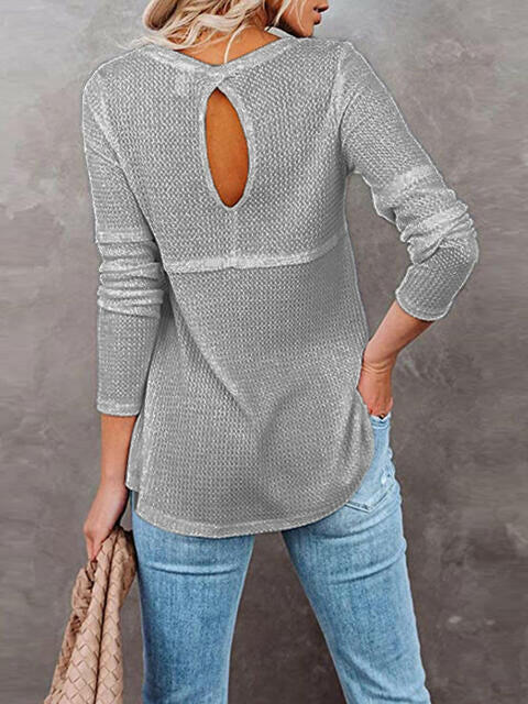 Cutout Round Neck Long Sleeve T-Shirt.